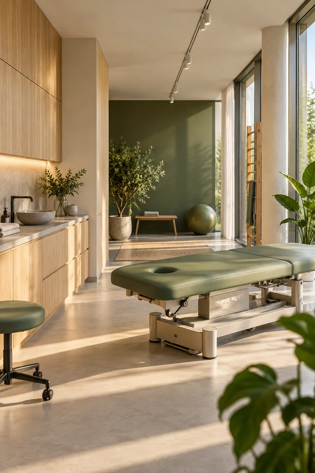 KI-generiertes Beispielmotiv: fiktiver Physiotherapie-Behandlungsraum mit Tageslicht und grüner Behandlungsliege